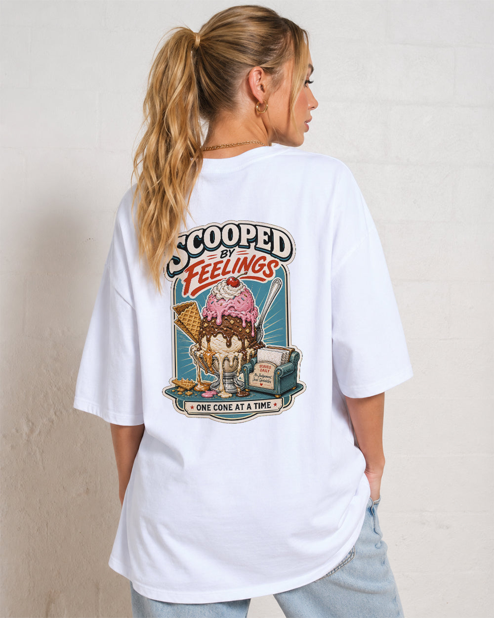 Scooped by Feelings One Cone at a Time Food Graphic T-Shirt in White, back model view 1