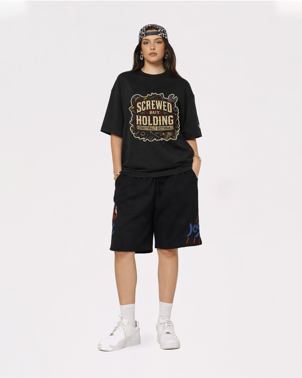 Screwed But Holding Structurally Retro Graphic T-Shirt, full body fit view, image 2