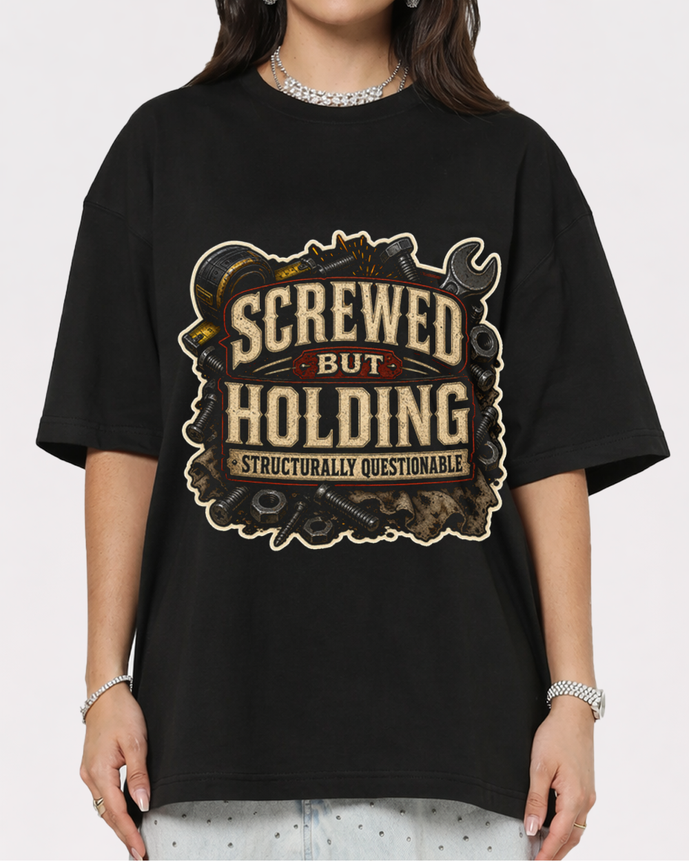Screwed But Holding Structurally Retro Graphic T-Shirt, primary front view, image 1