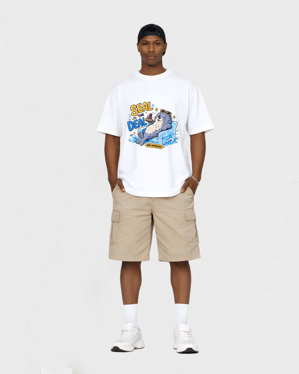 Beige Seal the Deal Seal Graphic T-Shirt full body fit view 2 image
