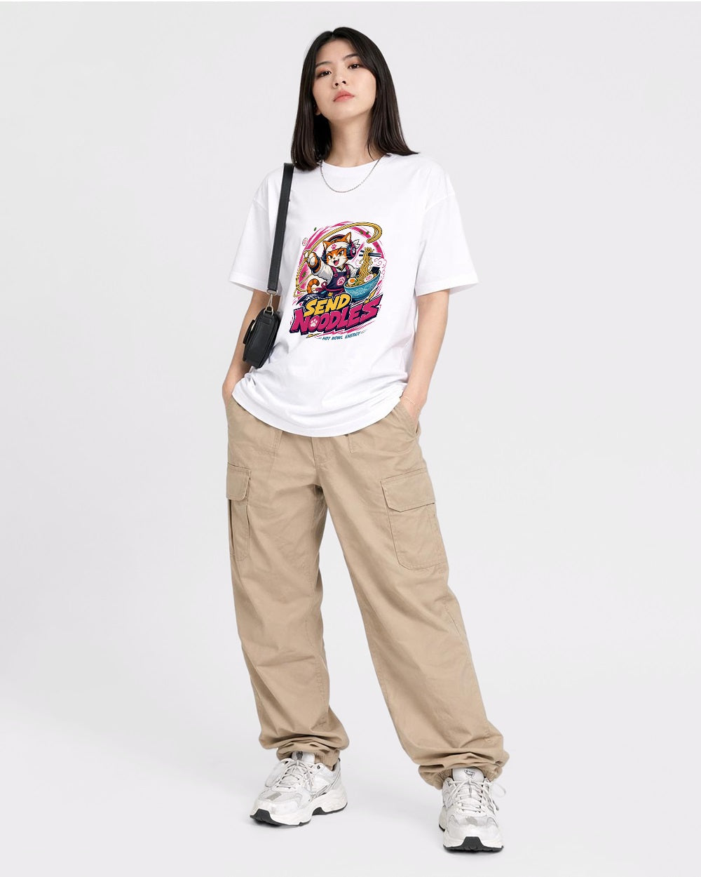 Beige Send Noodles Graphic T-Shirt full body fit view 2 image