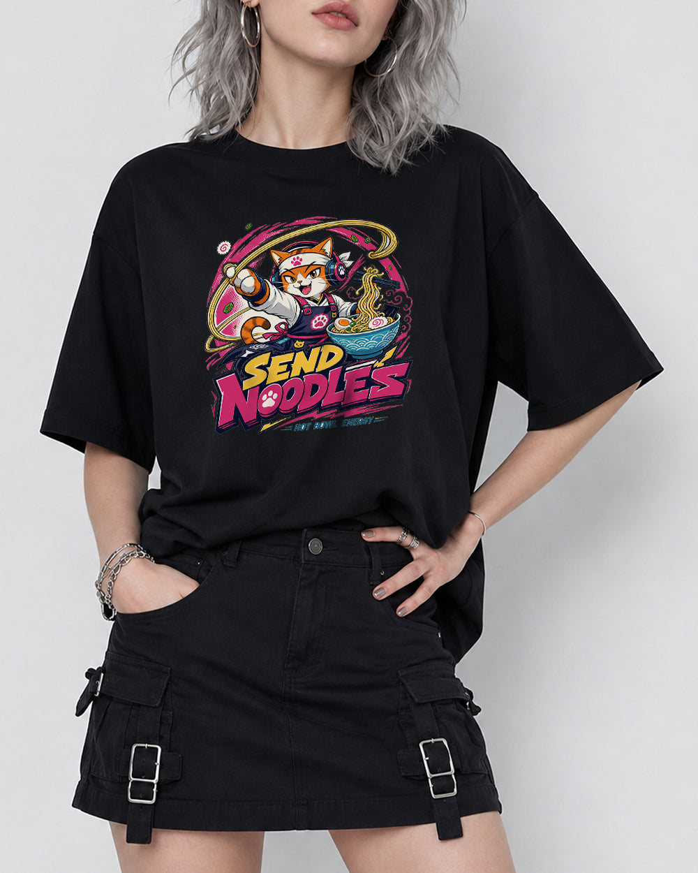 Send Noodles Graphic T-Shirt in Black, front model view 1