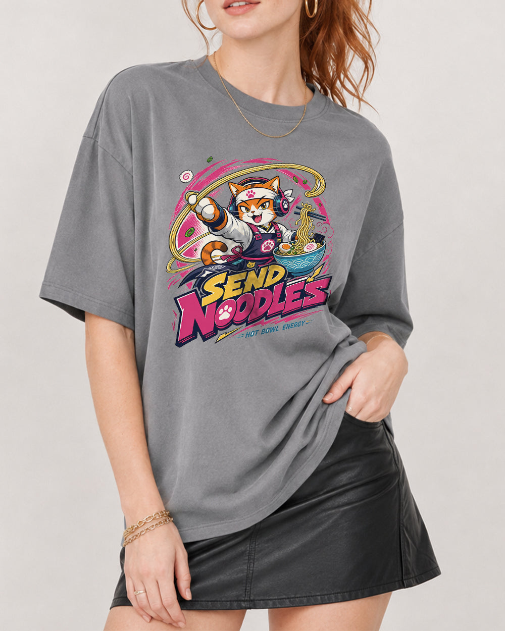 Send Noodles Graphic T-Shirt in Gray, front model view 3