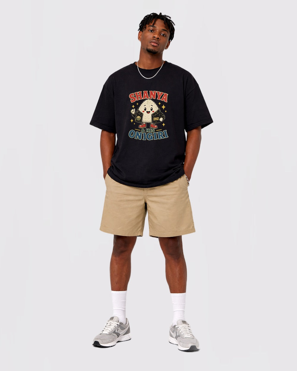 Beige Shanya Onigiri Food Graphic T-Shirt full body fit view 2 image