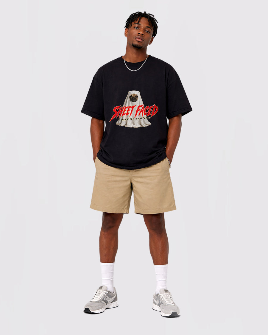 Sheet Faced Past My Bedtime Dark Graphic T-Shirt, full body fit view, image 2