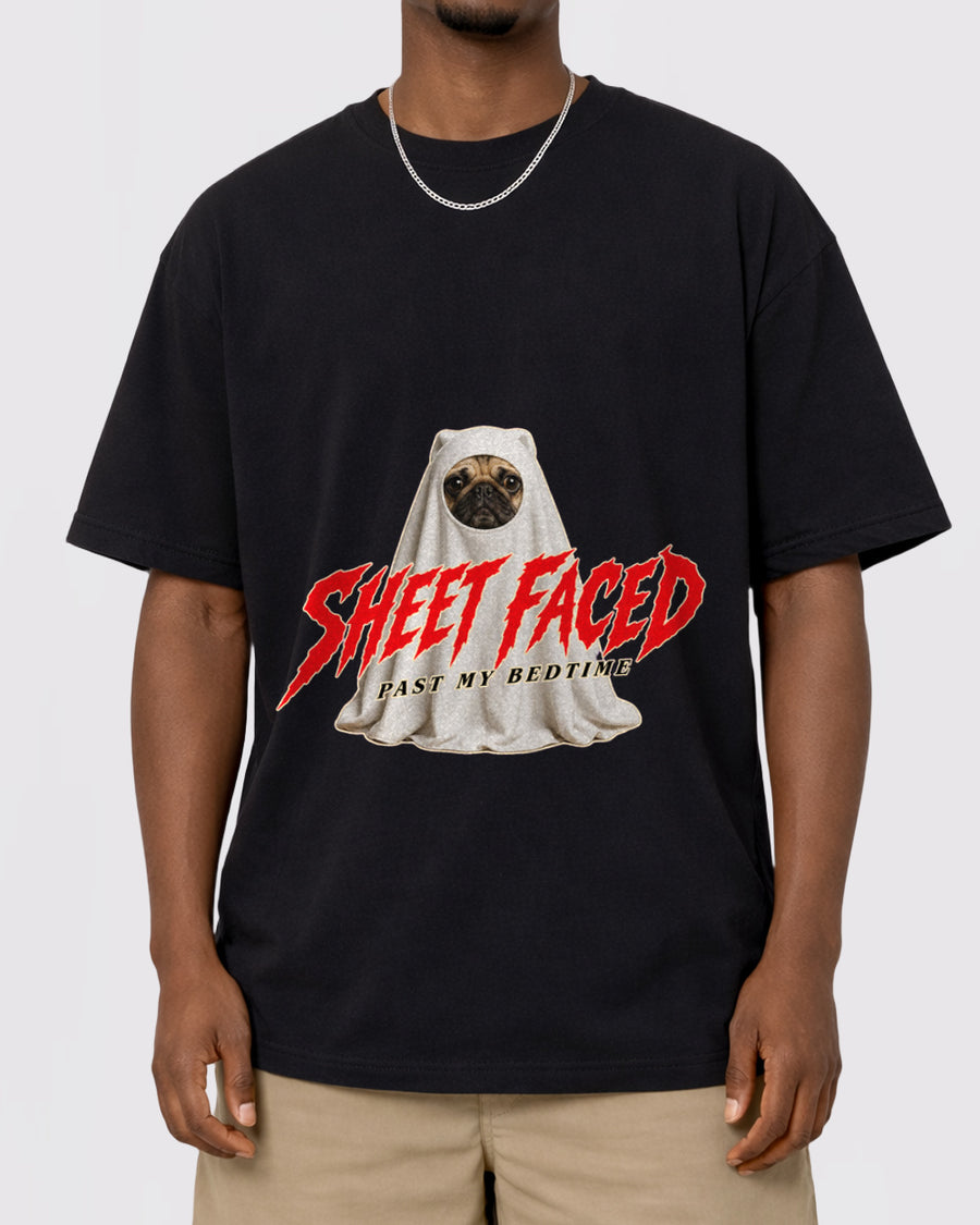 Sheet Faced Past My Bedtime Dark Graphic T-Shirt, primary front view, image 1