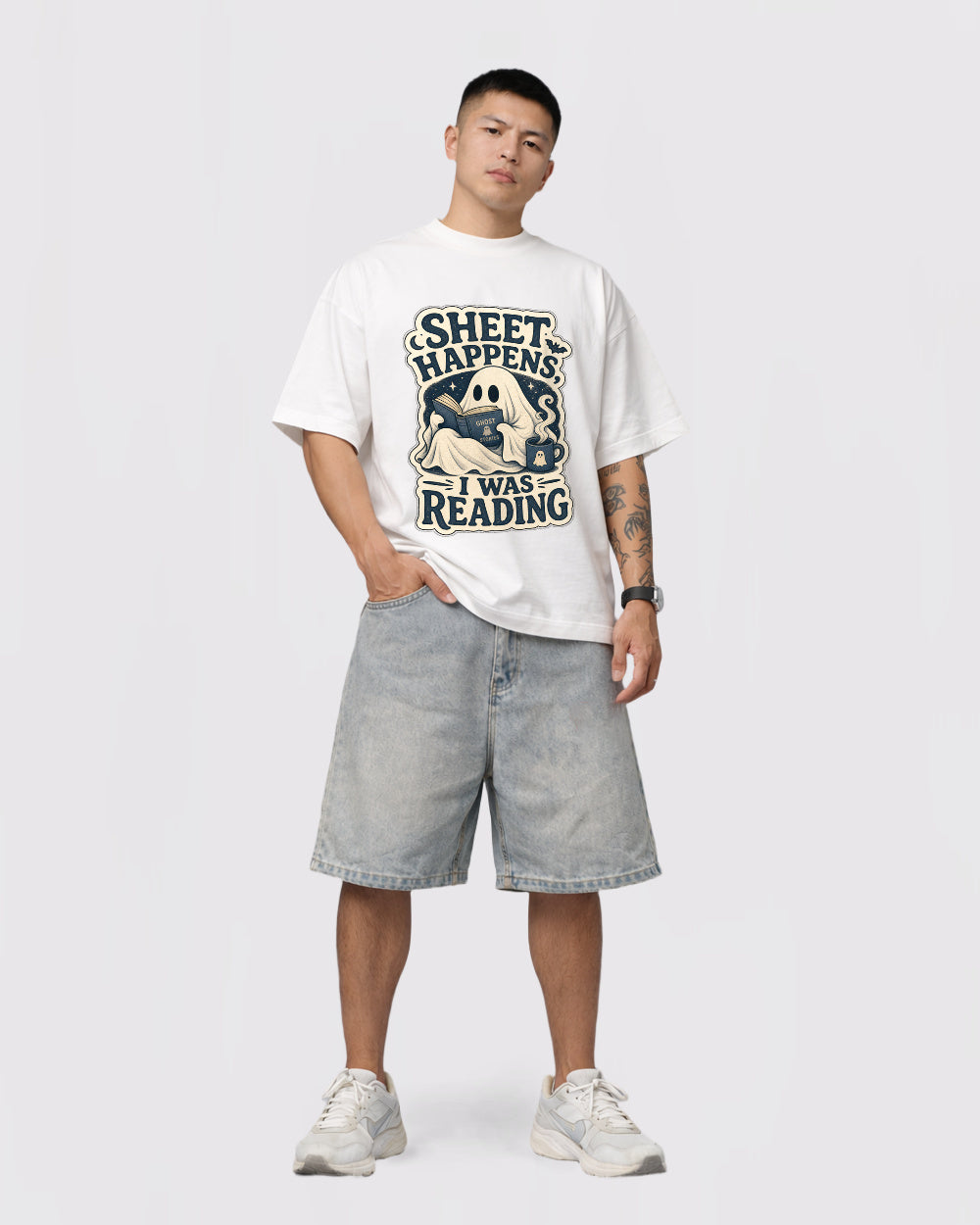 Sheet Happens, Ghost Stories Dark Graphic T-Shirt, full body fit view, image 2