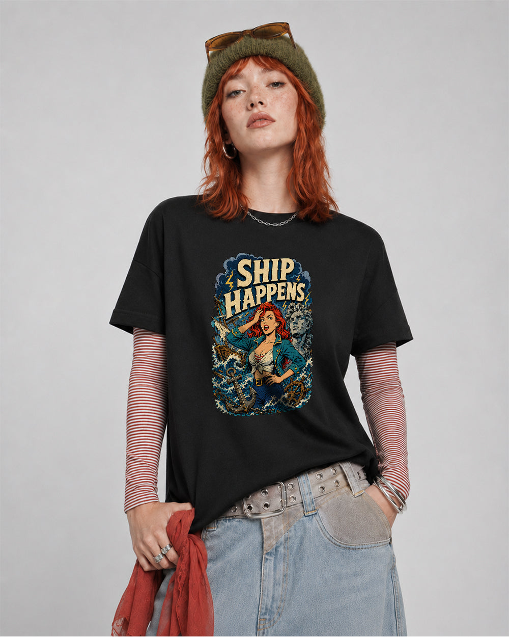 Ship Happens Retro Graphic T-Shirt in Black, front model view 1