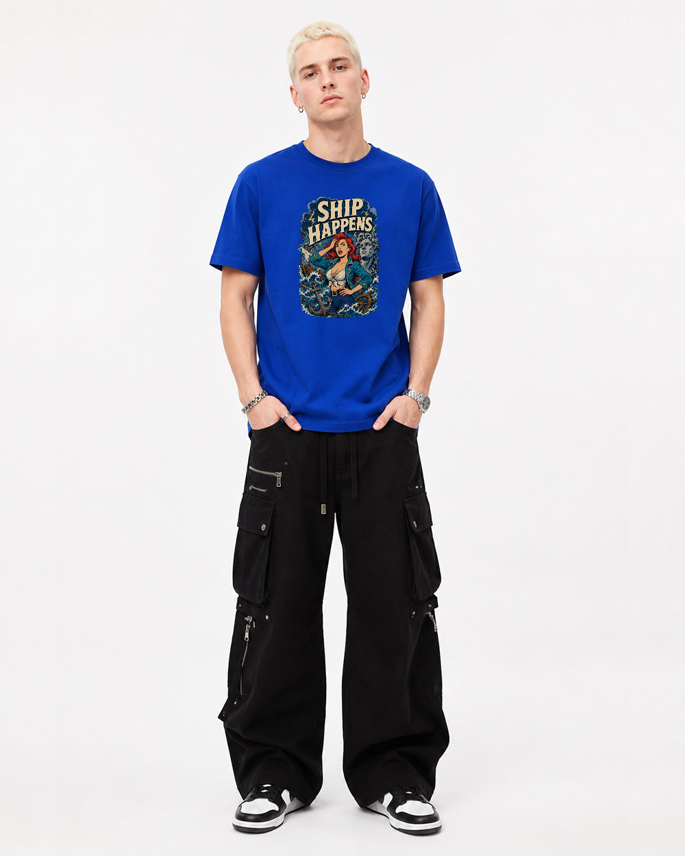 Ship Happens Retro Graphic T-Shirt in Blue, front model view 5