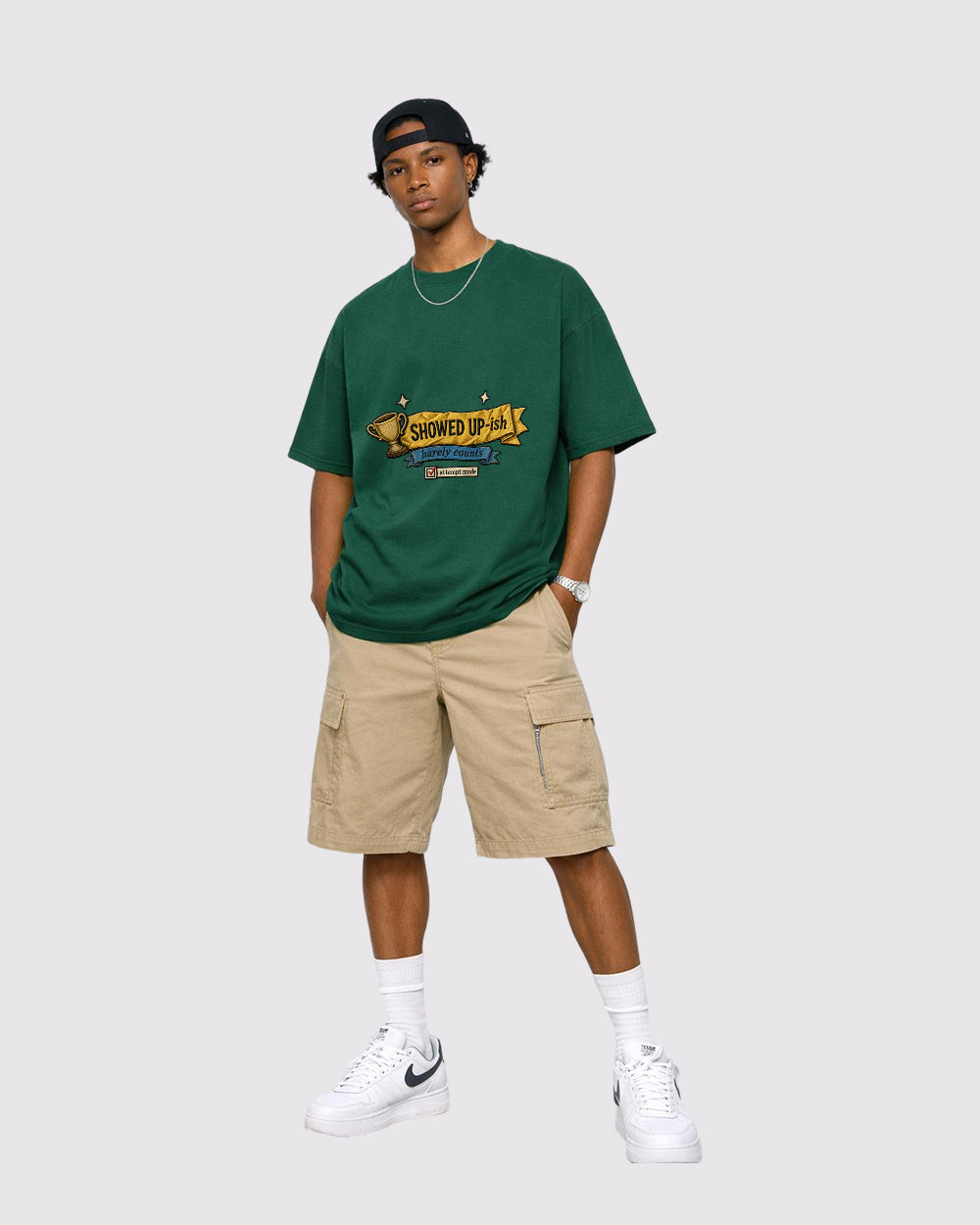 Showed Up-ish, Barely Counts Funny Graphic T-Shirt, full body fit view, image 2