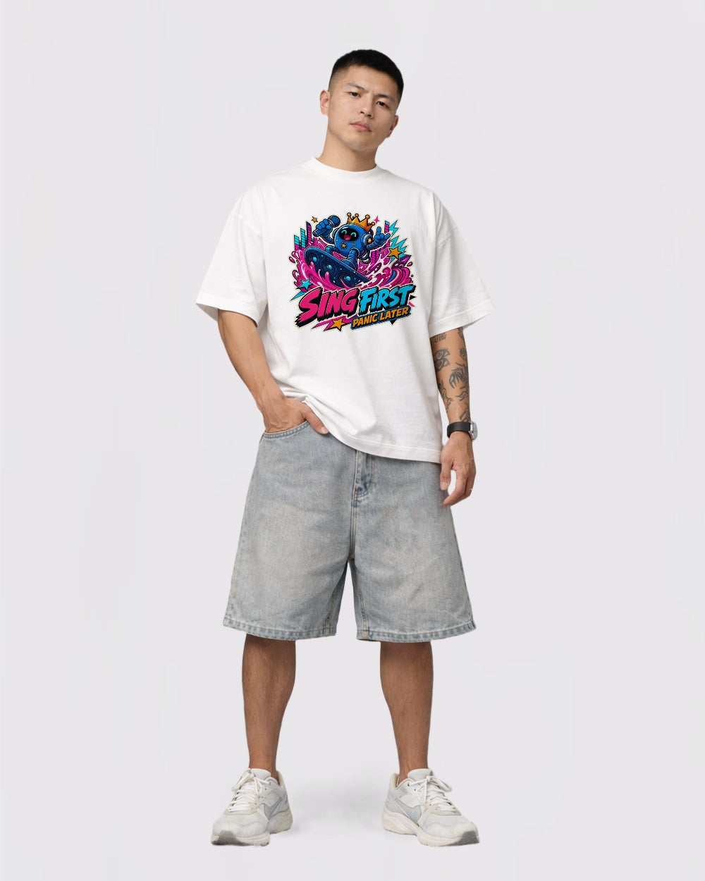 Beige Sing First Panic Later Graphic T-Shirt full body fit view 2 image