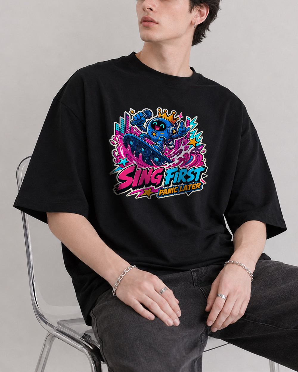 Sing First Panic Later Graphic T-Shirt in Black, front model view 1