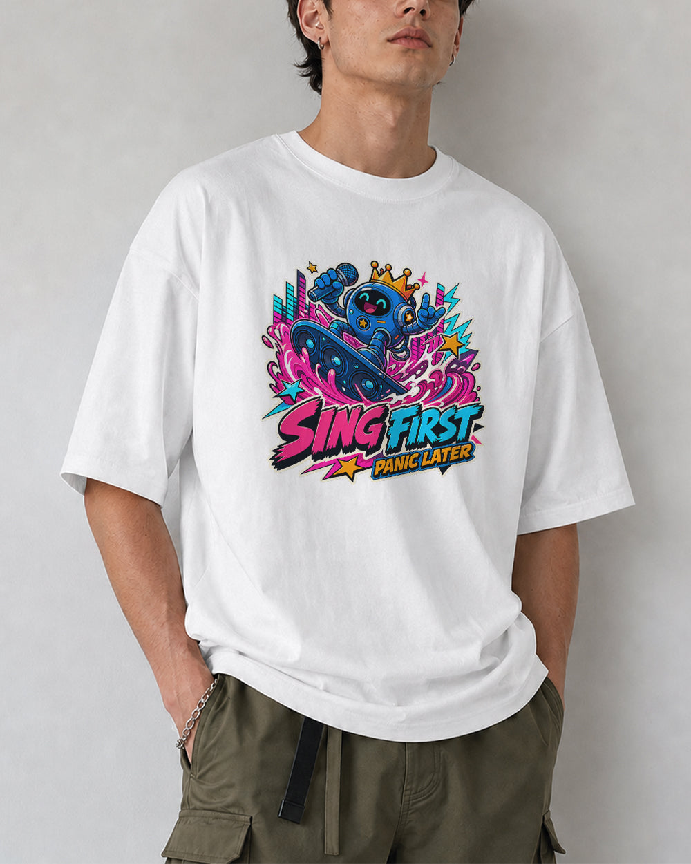 Sing First Panic Later Graphic T-Shirt in White, front model view 5
