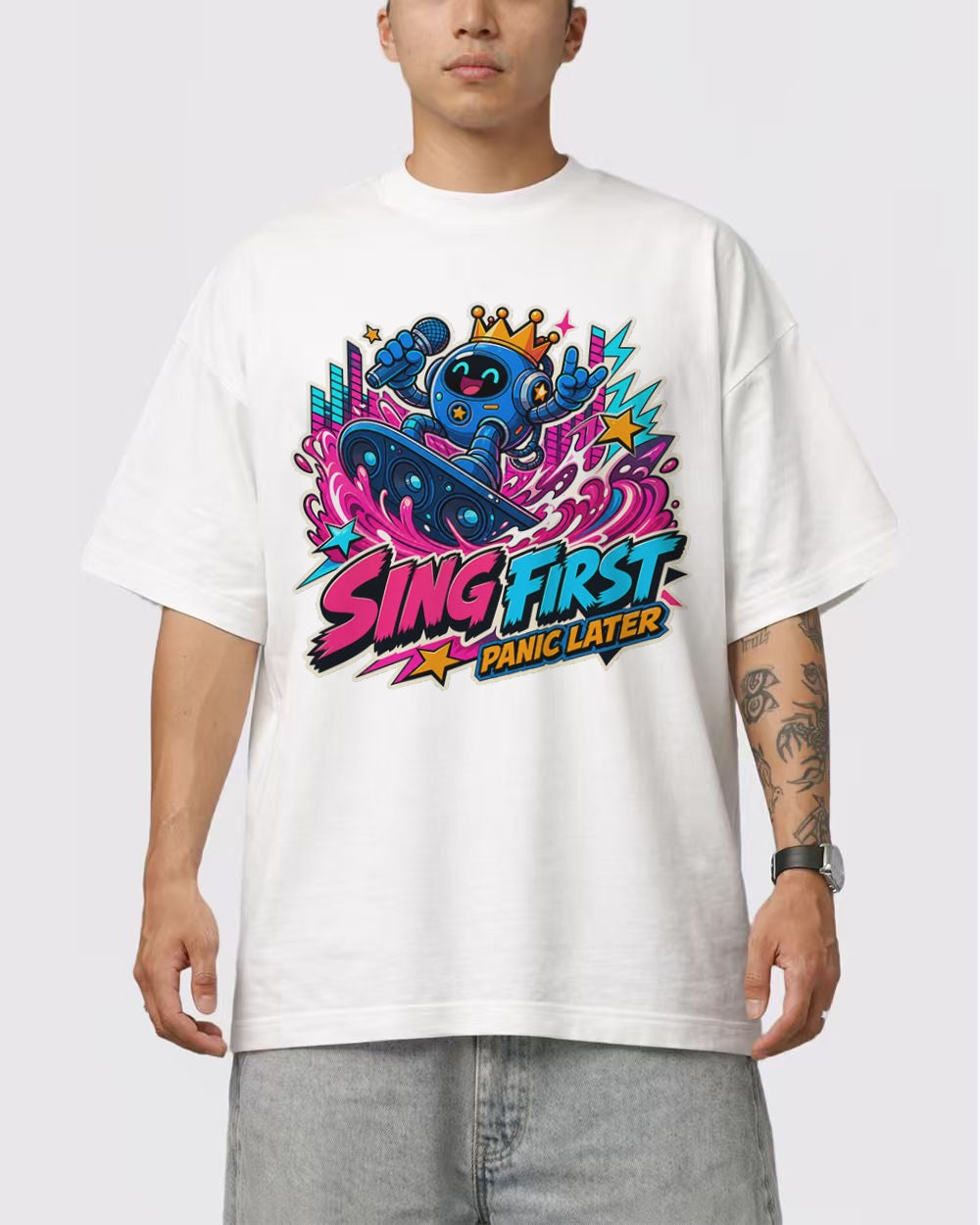 White Sing First Panic Later Graphic T-Shirt primary front view 1 image