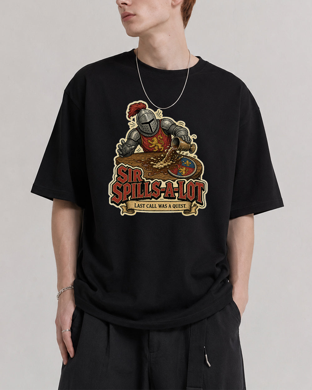 Sir Spills-A-Lot Retro Graphic T-Shirt in Black, front model view 1