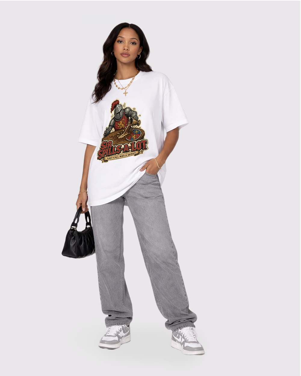 Sir Spills-A-Lot Retro Graphic T-Shirt, full body fit view, image 2