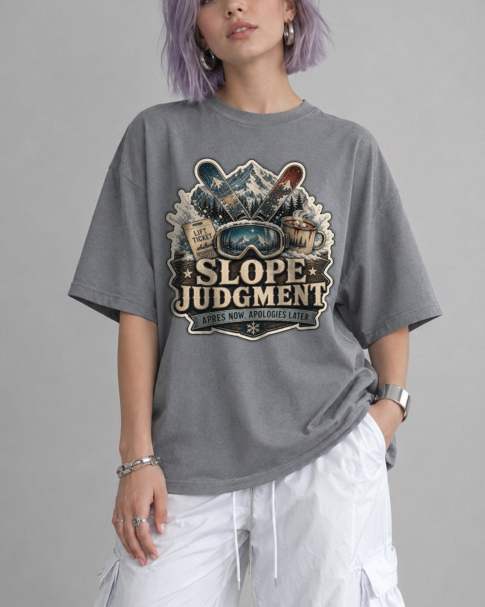 Slope Judgement Mountain Graphic T-Shirt in Gray, front model view 3