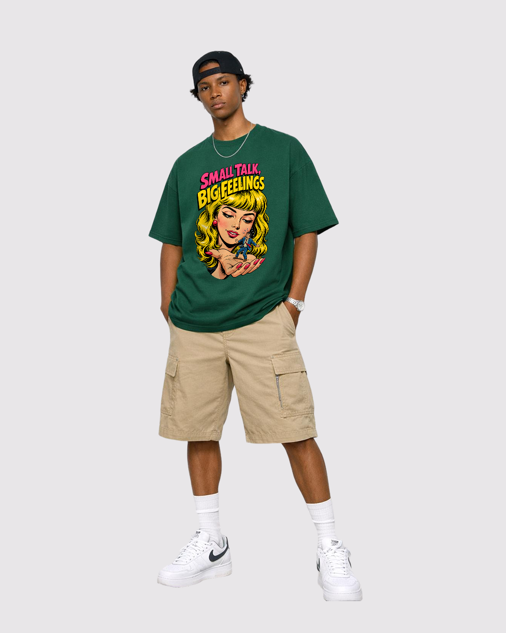 Small Talk Big Feelings Retro Graphic T-Shirt, full body fit view, image 2