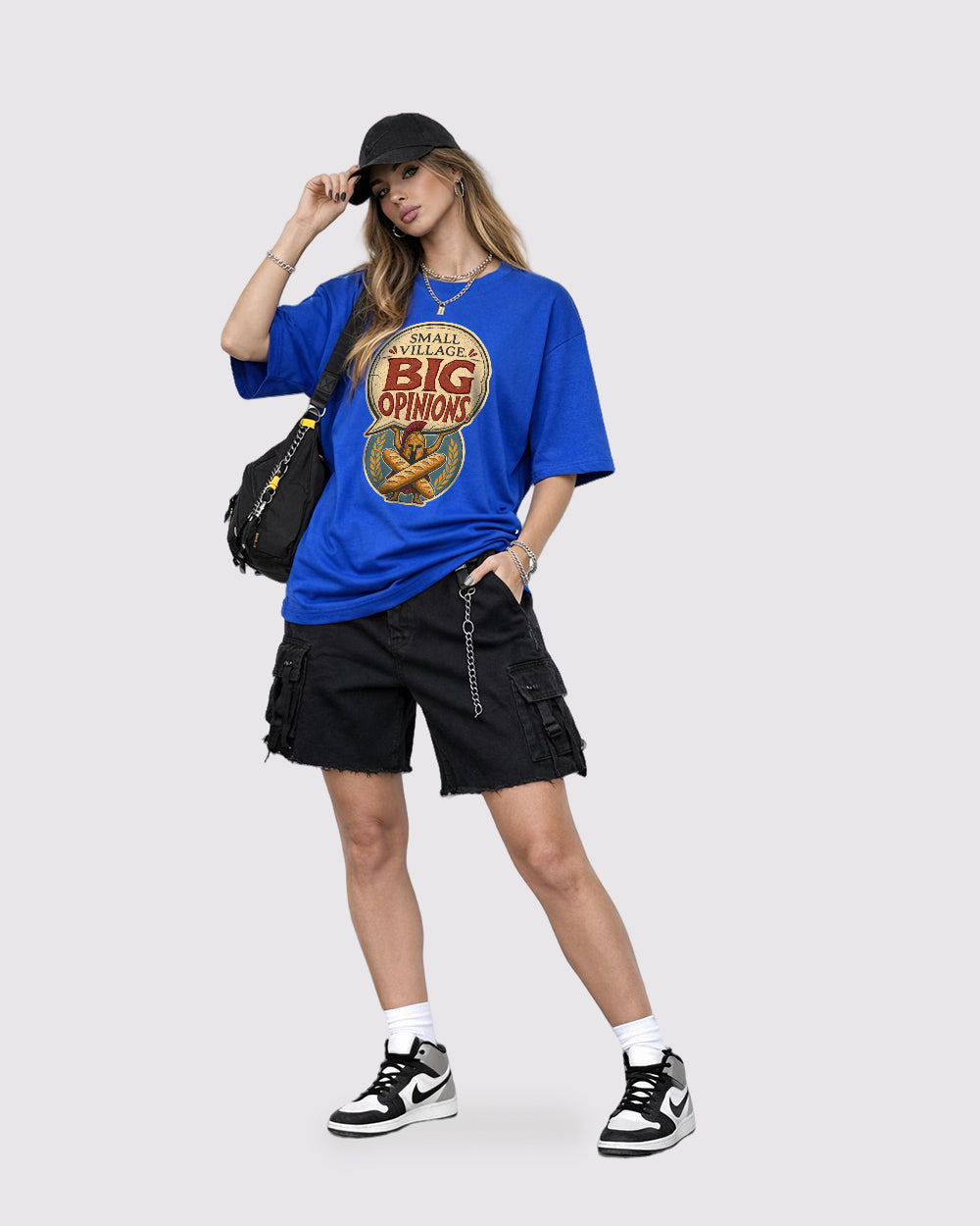 Small Village Big Opinions Funny Graphic T-Shirt, full body fit view, image 2