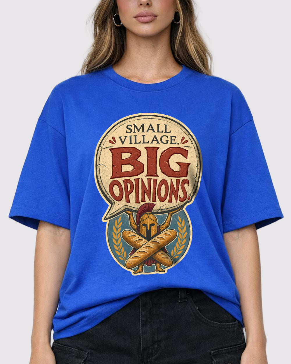 Small Village Big Opinions Funny Graphic T-Shirt, primary front view, image 1