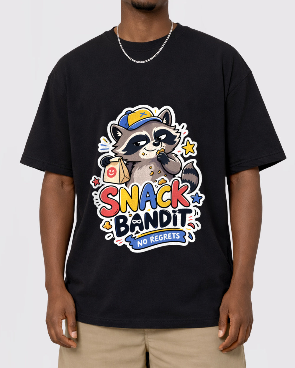 White T-shirt front view with Snack Bandit raccoon graphic on chest