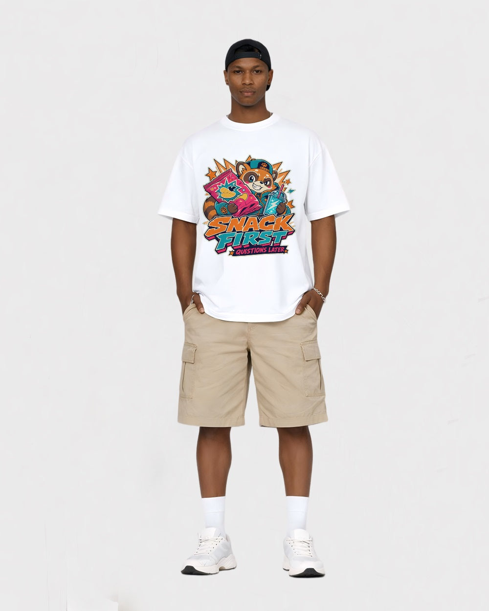 Snack First, Questions Later Streetwear Graphic T-Shirt, full body fit view, image 2