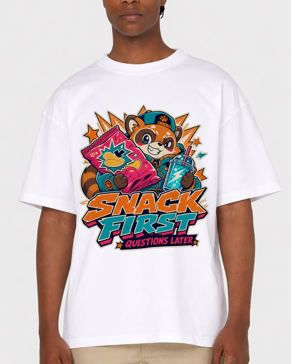 Snack First, Questions Later Streetwear Graphic T-Shirt, primary front view, image 1