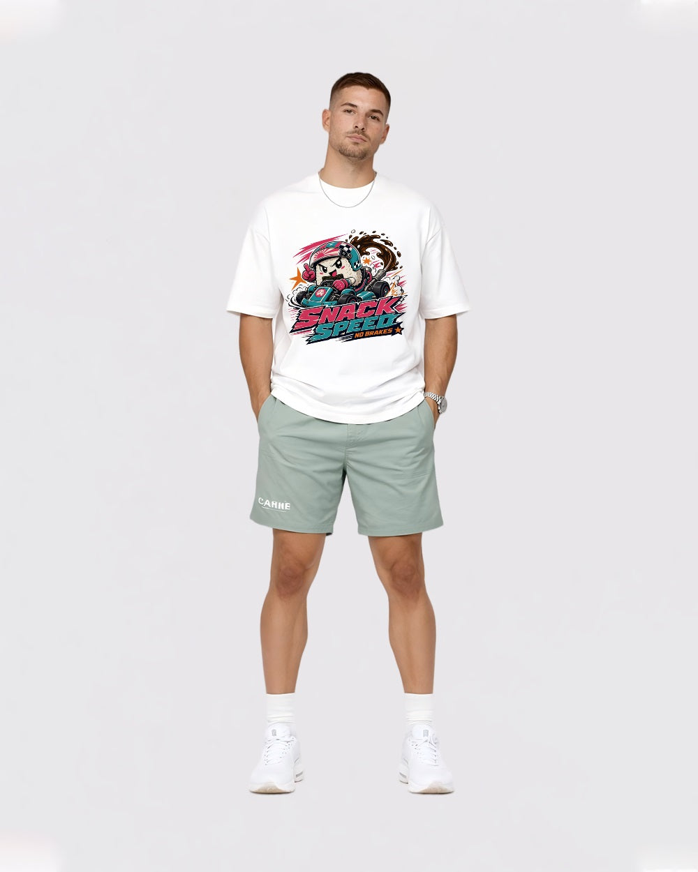 Snack Speed No Brakes Streetwear Graphic T-Shirt, full body fit view, image 2