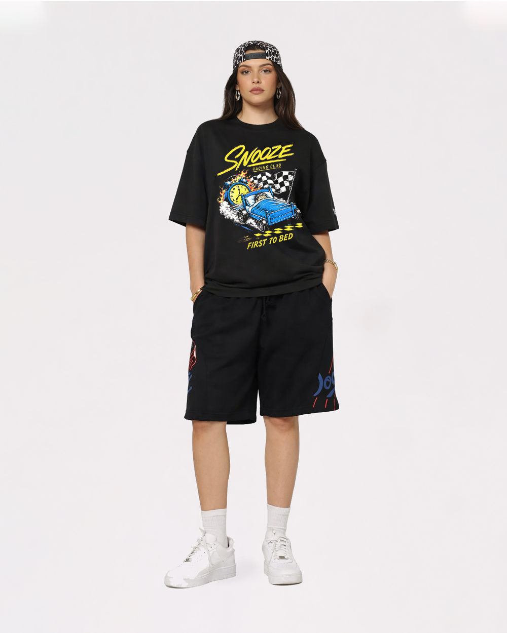 Snooze Racing Club, First To Bed Retro Graphic T-Shirt, full body fit view, image 2