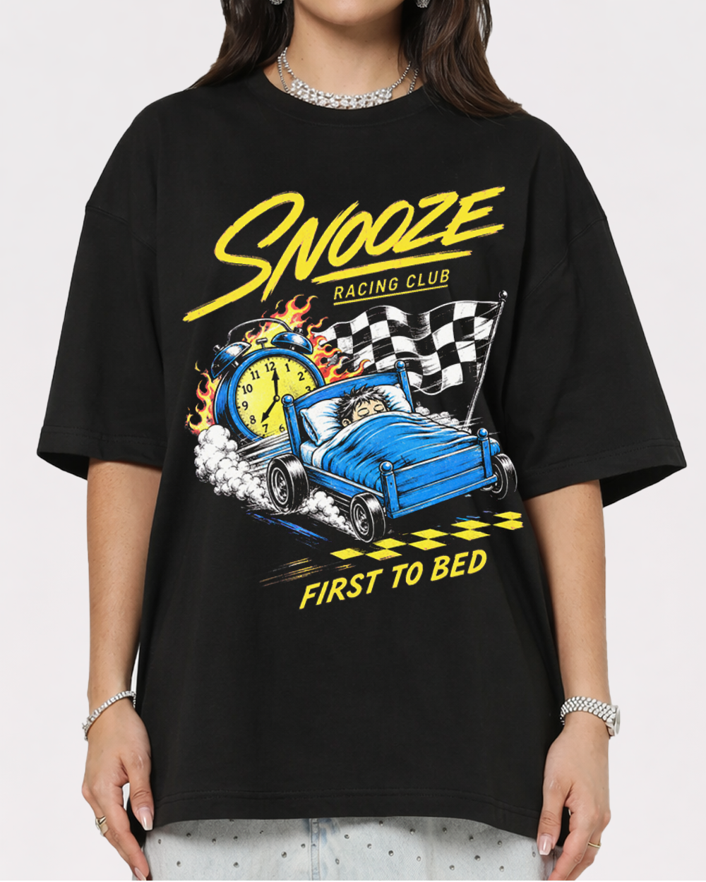 Snooze Racing Club, First To Bed Retro Graphic T-Shirt, primary front view, image 1