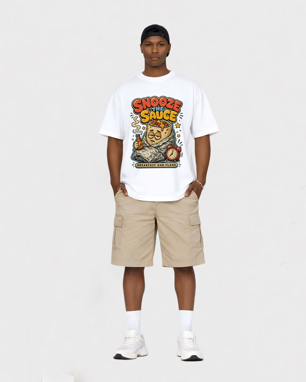 Snooze Sauce, Breakfast Had Plans Food Graphic T-Shirt, full body fit view, image 2