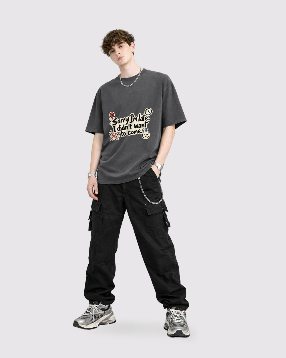 Beige Sorry Im Late Graphic T-Shirt full body fit view 2 image