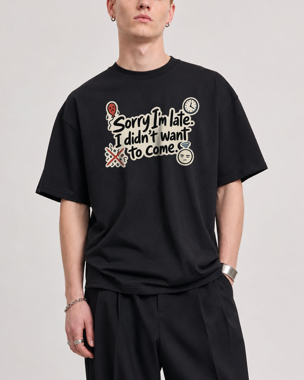 Sorry Im Late Graphic T-Shirt in Black, front model view 1