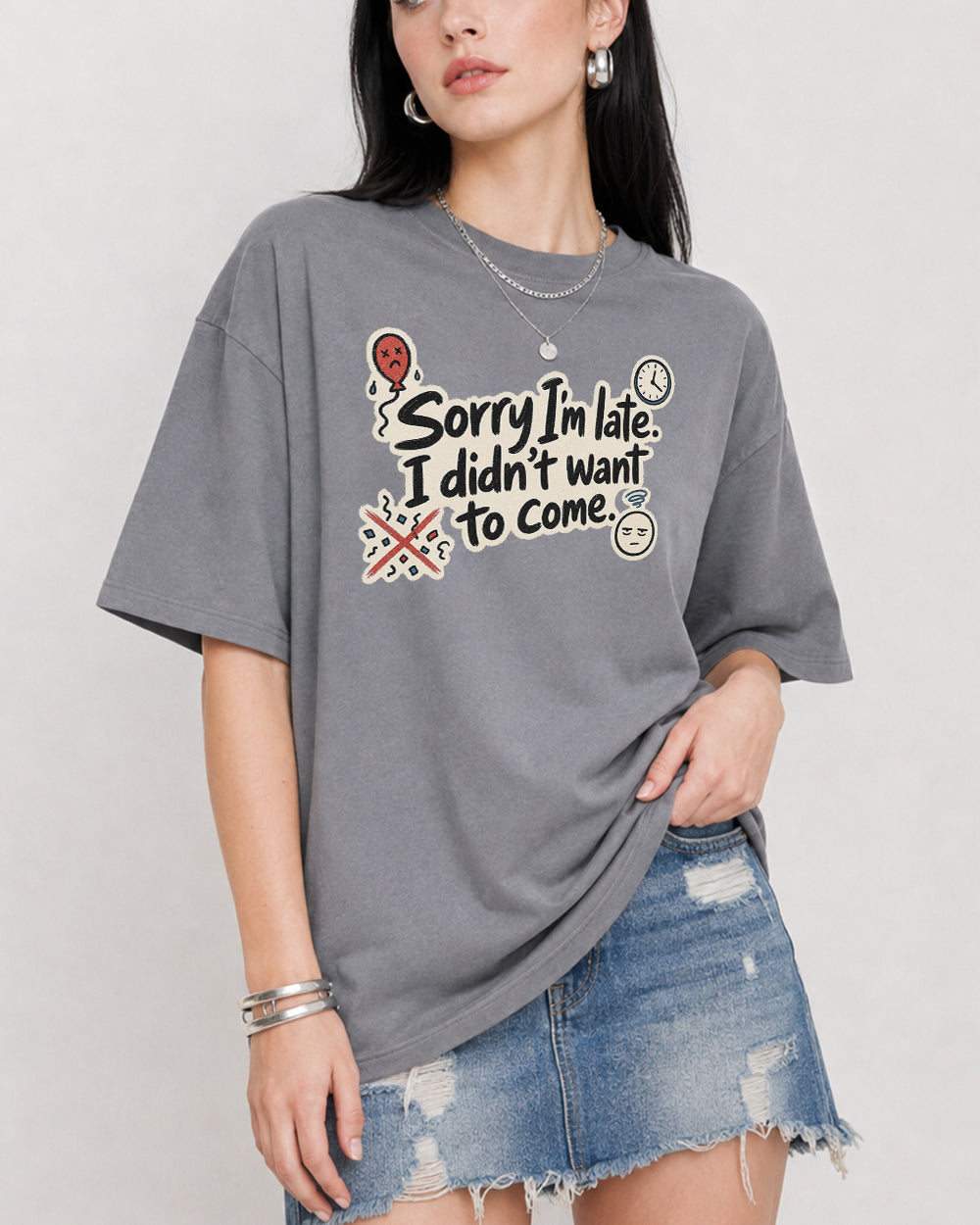 Sorry Im Late Graphic T-Shirt in Gray, front model view 3