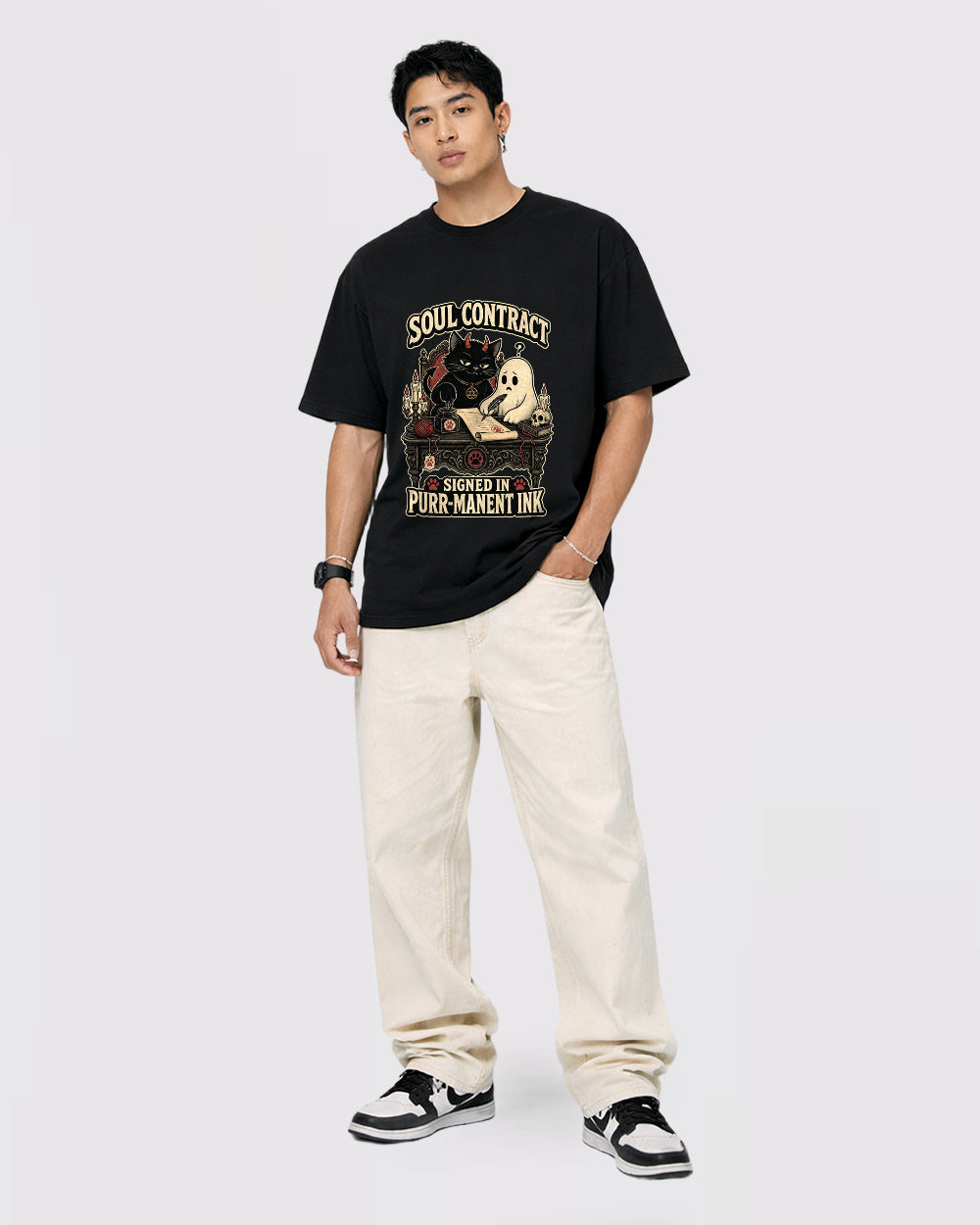Beige Soul Contract Purple Ink Graphic T-Shirt full body fit view 2 image