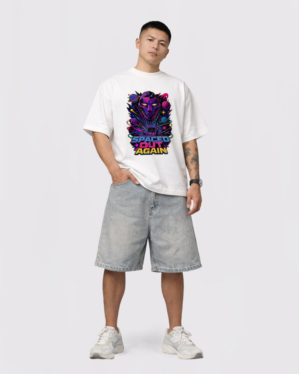 Beige Spaced Out Again Gaming Graphic T-Shirt full body fit view 2 image