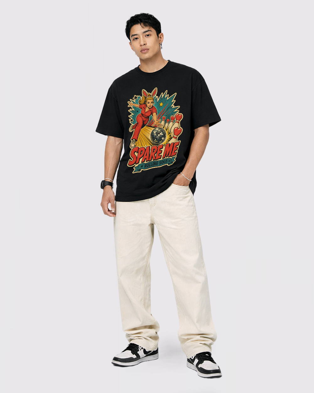 Spare Me Rolling Solo Retro Graphic T-Shirt, full body fit view, image 2
