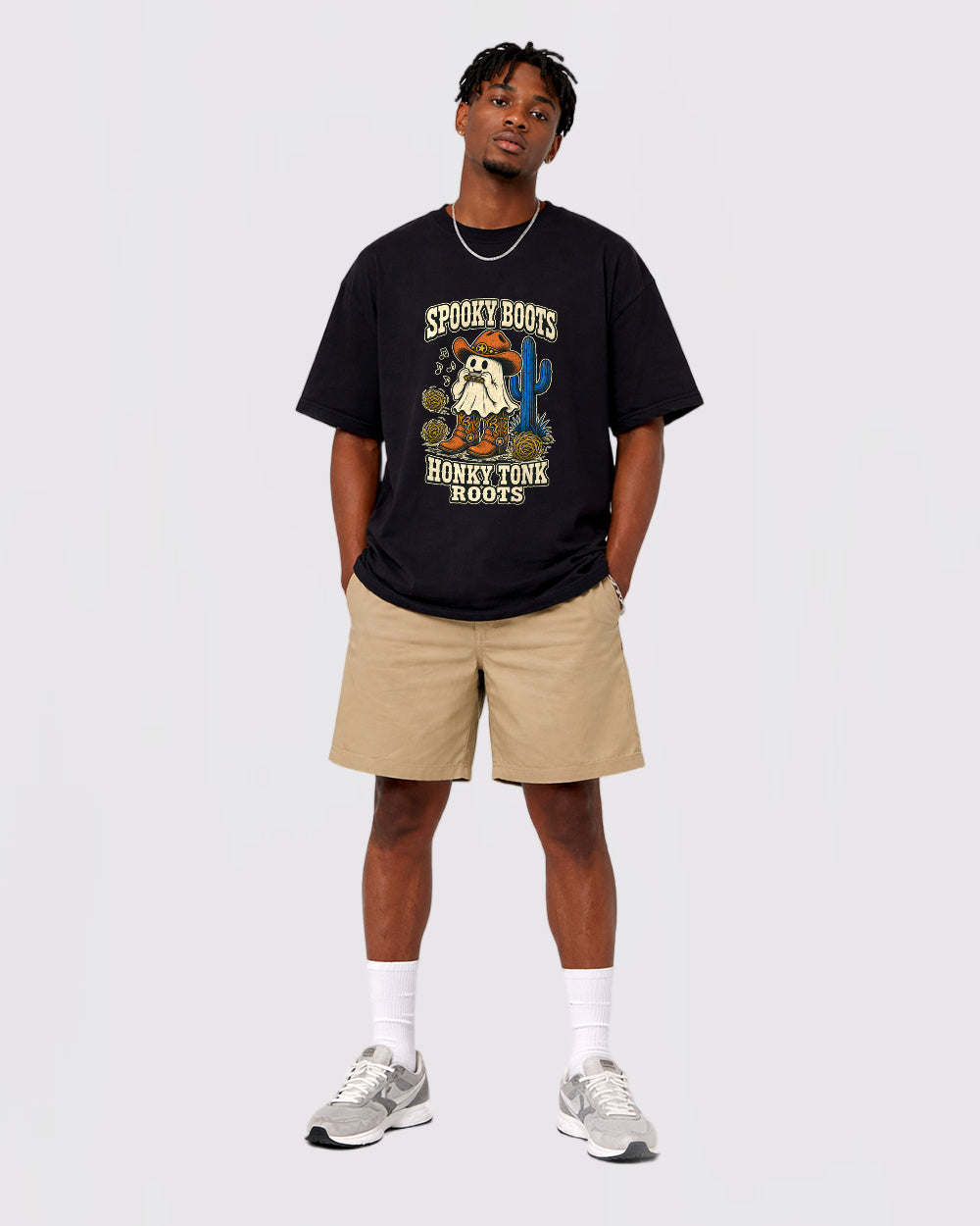 Spooky Boots Honky Tonk Roots Dark Graphic T-Shirt, full body fit view, image 2