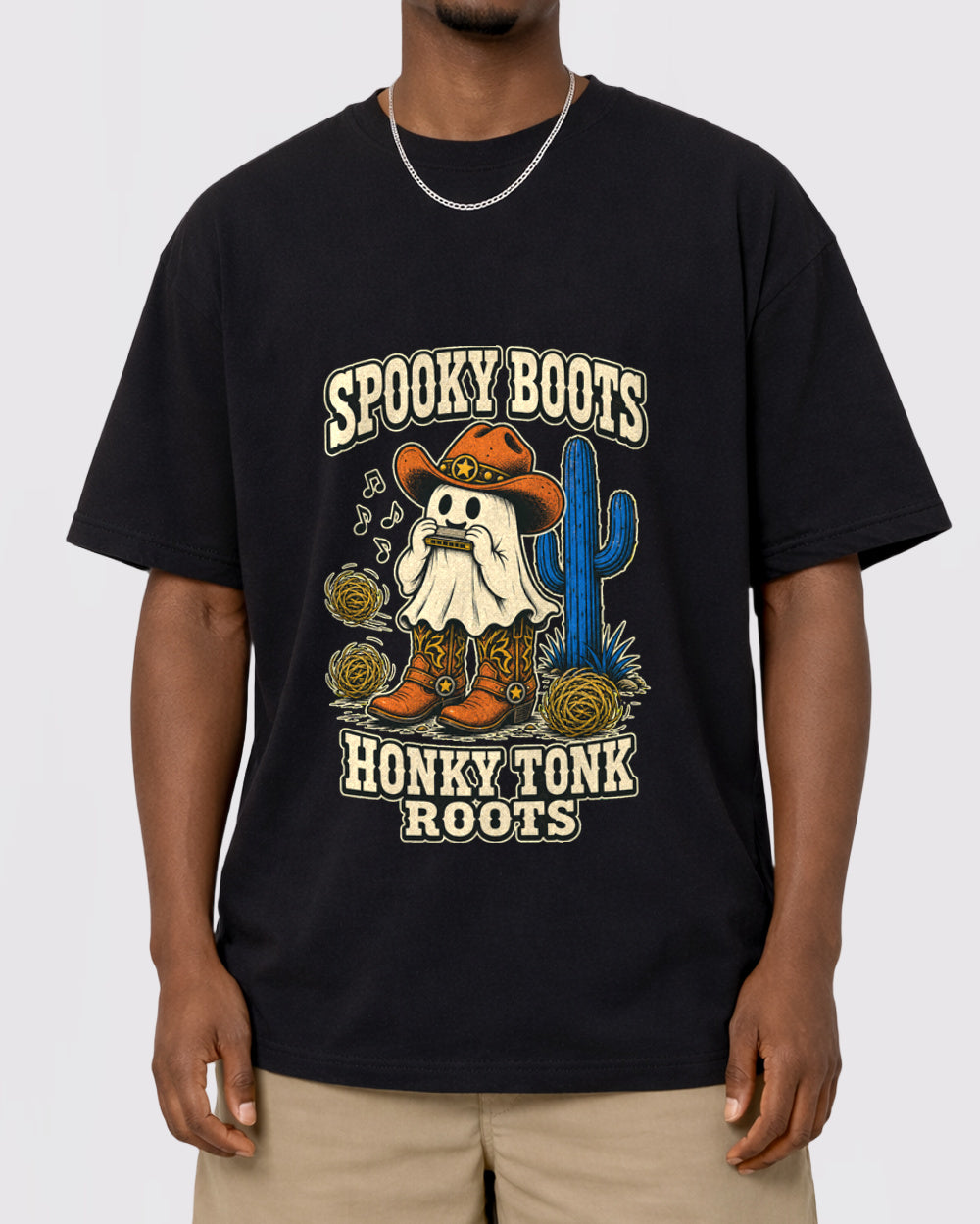 Spooky Boots Honky Tonk Roots Dark Graphic T-Shirt, primary front view, image 1