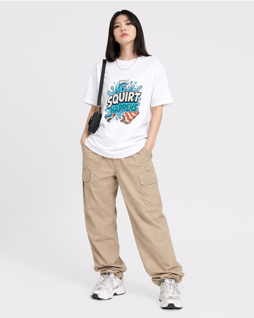 Squirt Happens Pop Culture Graphic T-Shirt, full body fit view, image 2