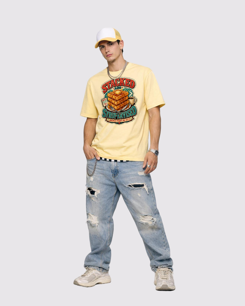 Stacked And Syrupvised Food Graphic T-Shirt, full body fit view, image 2