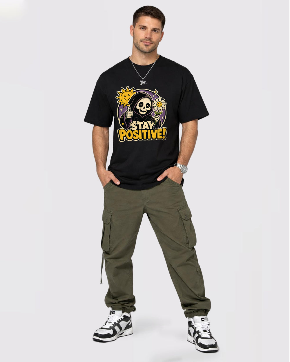 Stay Positive Dark Graphic T-Shirt, full body fit view, image 2