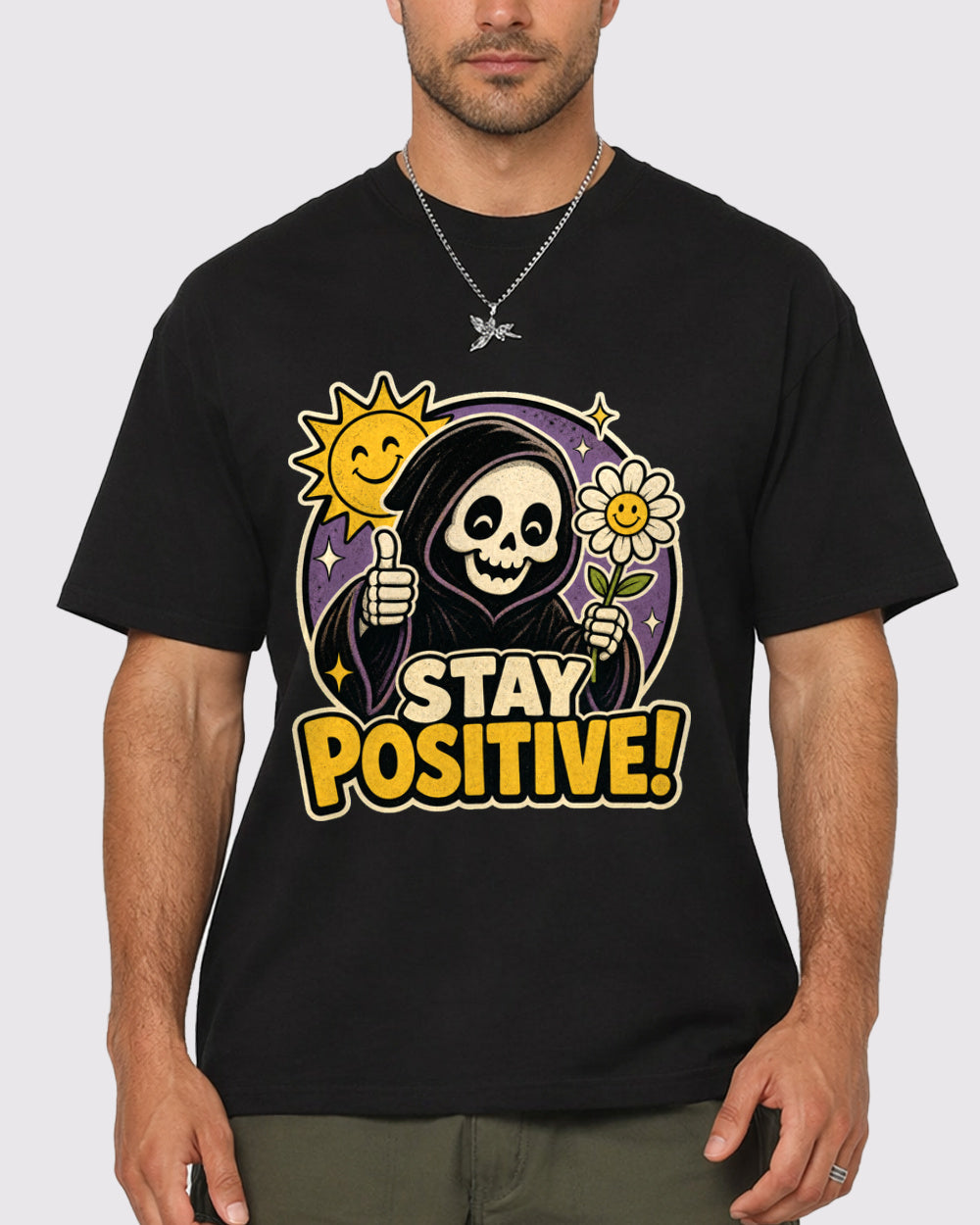 Stay Positive Dark Graphic T-Shirt, primary front view, image 1