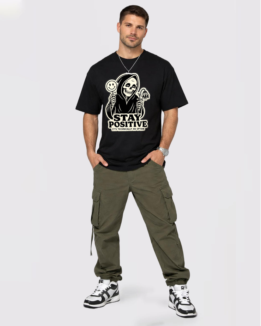 Stay Positive It's Technically an Option Dark Graphic T-Shirt, full body fit view, image 2