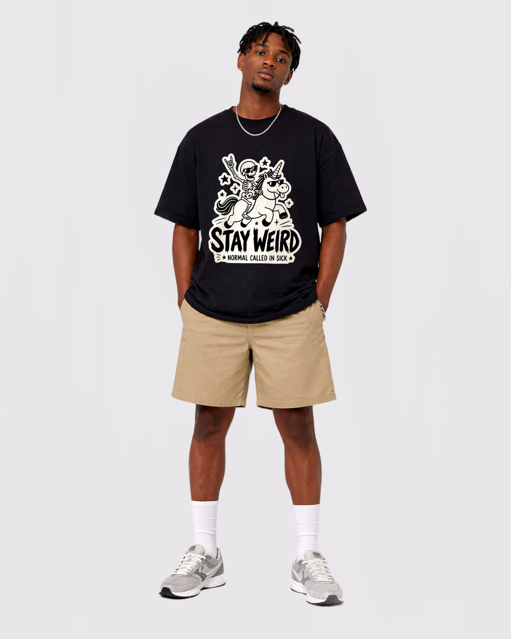 Stay Weird Normal Called in Sick Dark Graphic T-Shirt, full body fit view, image 2