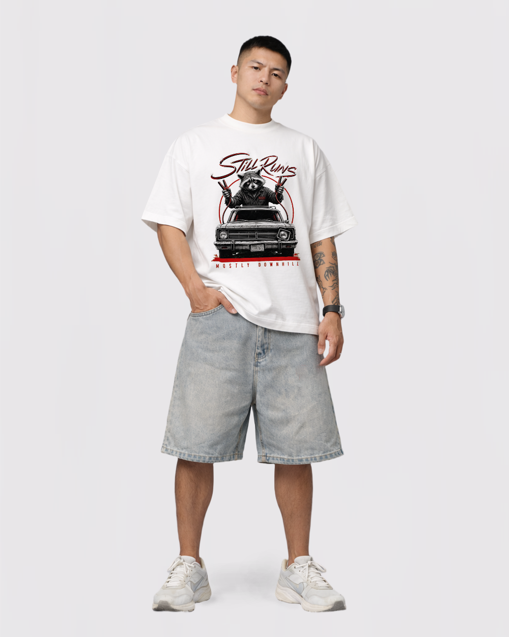 Still Runs, Mostly Downhill Retro Graphic T-Shirt, full body fit view, image 2