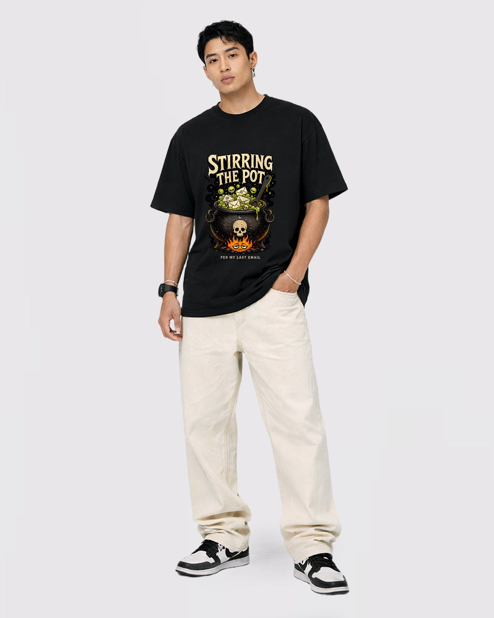 Stirring the Pot Dark Graphic T-Shirt, full body fit view, image 2