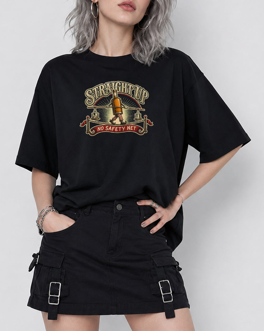 Straight Up, No Safety Net Sports Graphic T-Shirt in Black, front model view 1