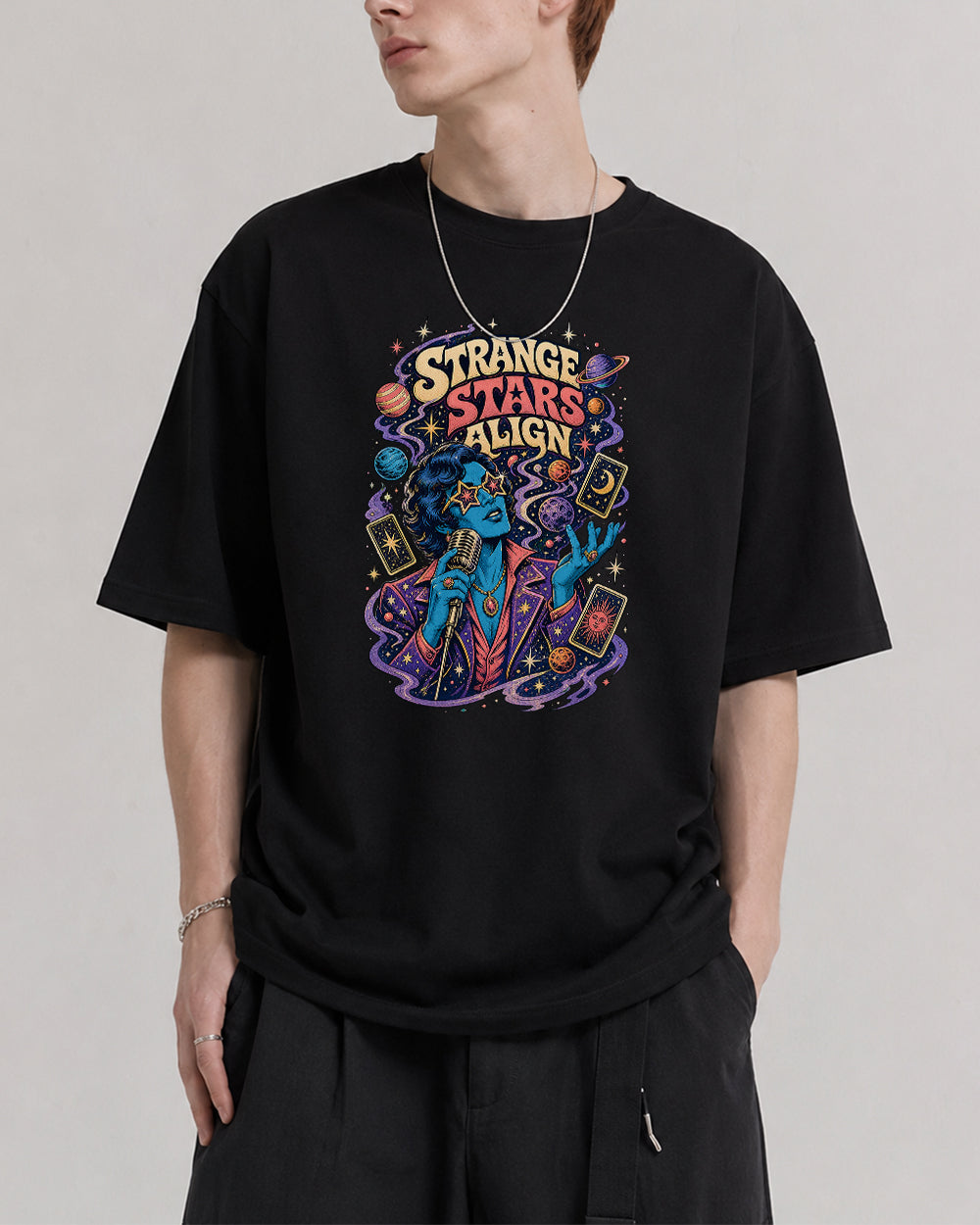 Strange Stars Ahead Graphic T-Shirt in Black, front model view 1