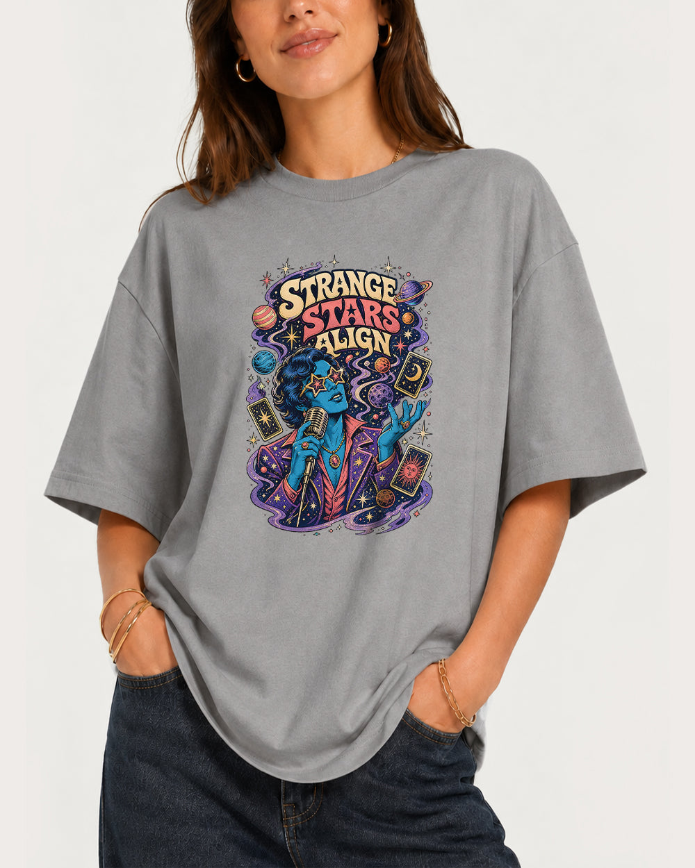 Strange Stars Ahead Graphic T-Shirt in Gray, front model view 3